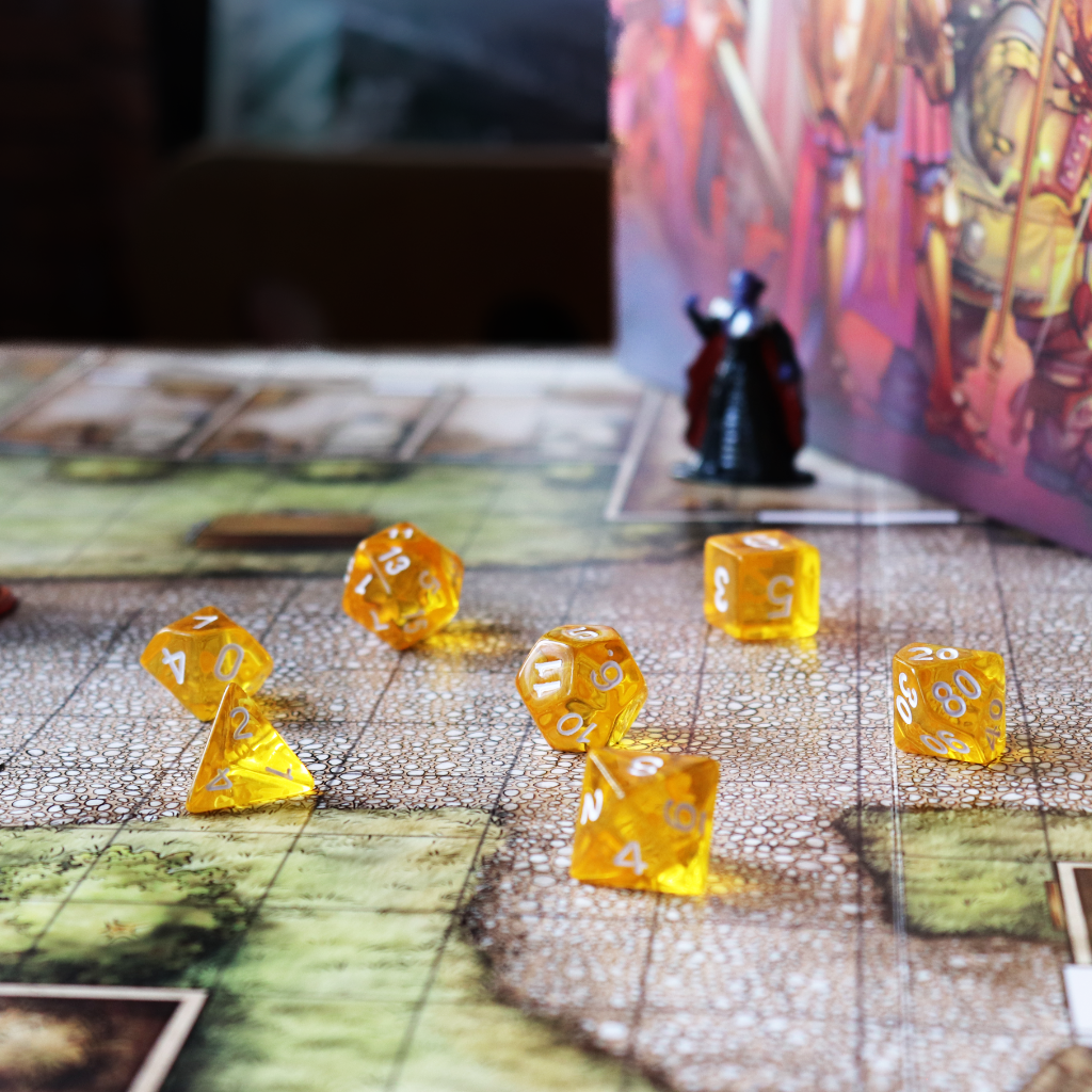 Transparent Acrylic Set of 7 TTRPG Dice - Druids Honey