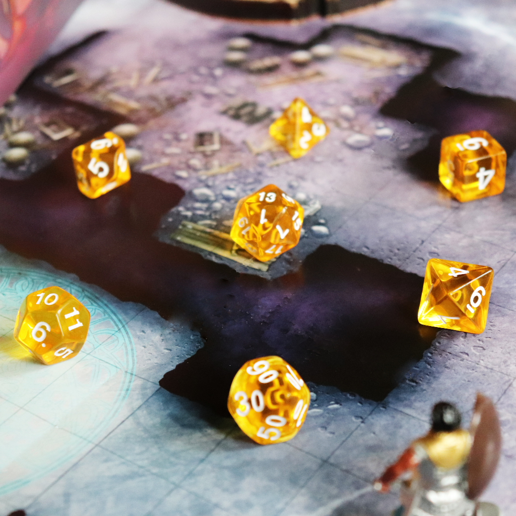 Transparent Acrylic Set of 7 TTRPG Dice - Druids Honey